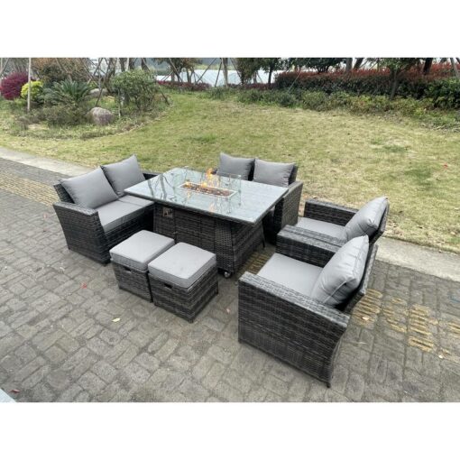 Rattan Outdoor Furniture Gas Fire Pit Rectangle Dining Table Gas Heater Chairs Two Seater Love Sofa Sets Footstools 8 Seater - Fimous