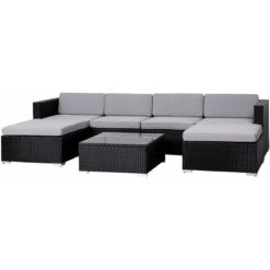 Rattan Outdoor Garden Furniture Set 6 Seater Sofa with Coffee Table (Black) - Black - Evre