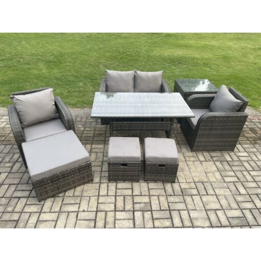 Rattan Outdoor Garden Furniture Set Rectangular Dining Table and Chair Sofa Set With Side Table 3 Footstools Dark Grey Mixed - Fimous