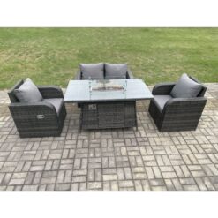 Rattan Outdoor Garden Furniture Sofa Set Gas Fire Pit Dining Table Gas Heater with Love Sofa 2 Recling Chair Dark Grey Mixed - Fimous