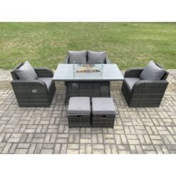 Rattan Outdoor Garden Furniture Sofa Set Gas Fire Pit Dining Table Gas Heater with Love Sofa 2 Small Footstool Dark Grey Mixed - Fimous