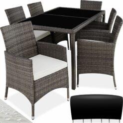 Rattan garden furniture set 6+1 with protective cover - garden tables and chairs, garden furniture set, outdoor table and chairs - grey/white