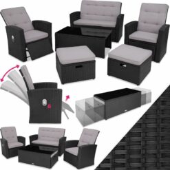 Rattan garden furniture set Bari 6 Seats, 1 Table - garden table and chairs, bistro set, patio set - black - black