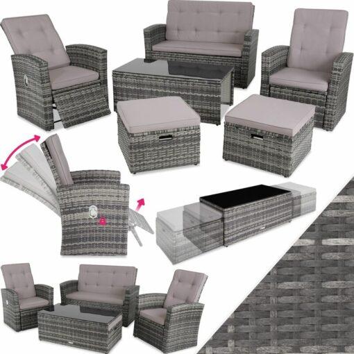 Rattan garden furniture set Bari 6 Seats, 1 Table - garden table and chairs, bistro set, patio set - grey - grey