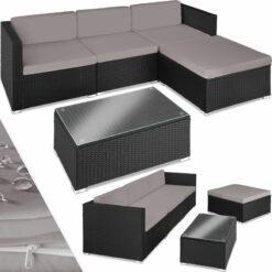 Rattan garden furniture set lounge Florence - garden sofa, garden corner sofa, rattan sofa - black/grey - black/grey