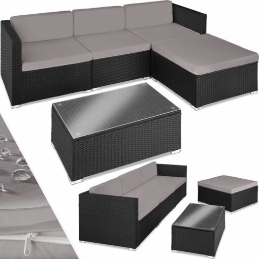 Rattan garden furniture set lounge Florence - garden sofa, garden corner sofa, rattan sofa - black/grey - black/grey