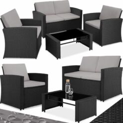 Rattan garden set Lucca 4 Seats, 1 Table - garden sofa, rattan sofa, garden sofa set - black/grey - black/grey