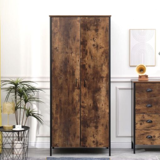 Retro Industrial Style Bedroom Wardrobe with 2 Doors,Storage Unit for Bedroom,Burning Wood Colour,Retro Industrial Style,79x49.5x180cm(WxDxH)