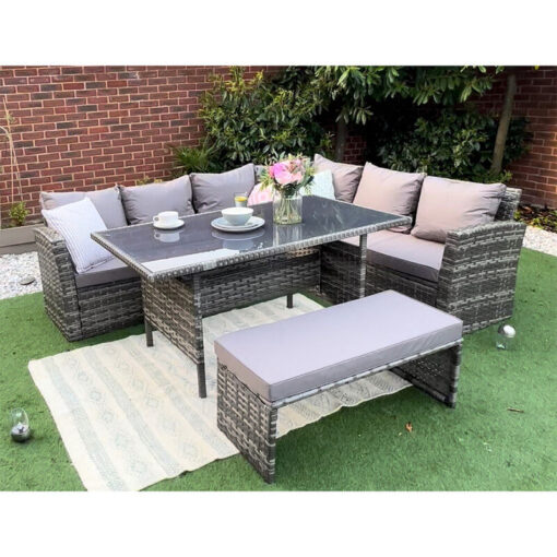 Rosen Outdoors Rattan Corner Garden Furniture Sofa 8 Seater with Bench Dining Set Dark Grey - grey - Yakoe