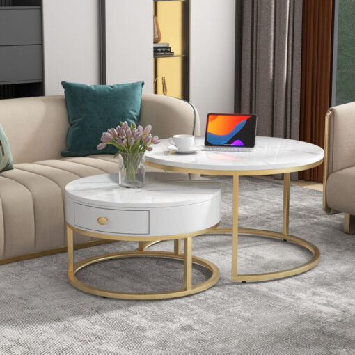 Round Coffee Tables with drawer, Nesting Tables with Storage Gold Metal Frame Legs and Marble Pattern (non-rock slab)Top for Living Room, Bedroom,