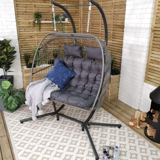 Samuel Alexander - Grey Luxury 2 Seater Double Hanging Egg Chair Garden Outdoor Swing Folding Cocoon Chair Rattan Garden Furniture Indoor & Outdoor