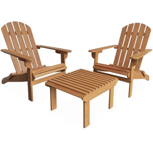 Set of 2 wooden garden armchairs with footrest/lower table - Adirondack Salamanca - Eucalyptus fsc, retro patio chairs - Natural