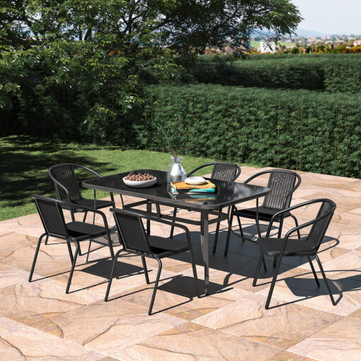 Set of 7 Garden Patio Glass Umbrella Table and Stackable Chairs Set