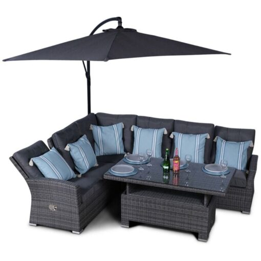 Seville Outdoor Rattan Garden Corner Sofa Dining Set with 3m Parasol - Grey