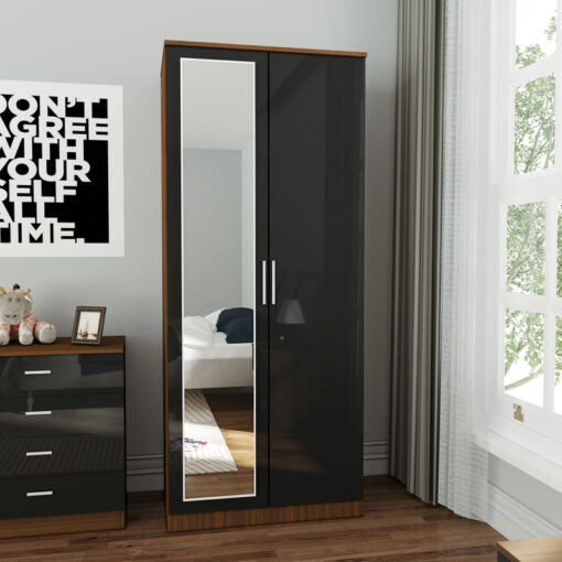 Soft Close 2 Doors Wardrobe with Mirror and Metal Handles Includes a removable hanging rod and storage shelves High Gloss, Black/Walnut - Elegant