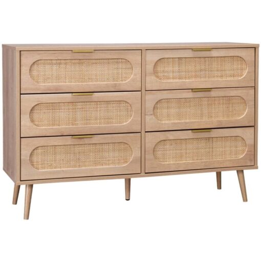 Sweeek - Wood and rounded cane chest of drawers, 6 drawers, Eva, Natural, 120x39x79 cm - Natural