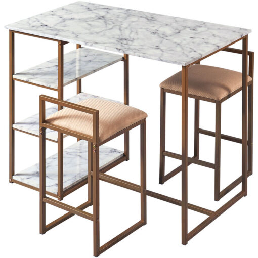 Teamson Home - Marmo 3 Pieces Breakfast Dining Set, Bar Table & 2 Padded Stool Chairs with Storage, Faux White Marble Tabletop & Gold-Brass Finish