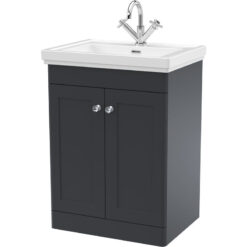 Traditional Floor Standing 2 Door Vanity Unit with 1 Tap Hole Fireclay Basin, 600mm - Soft Black