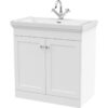 Traditional Floor Standing 2 Door Vanity Unit with 1 Tap Hole Fireclay Basin, 800mm - Satin White