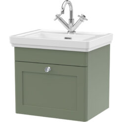 Traditional Wall Hung 1 Drawer Vanity Unit with 1 Tap Hole Fireclay Basin, 500mm - Satin Green