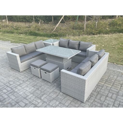 U Shape Lounge Rattan Garden Furniture Set Adjustable Rising Lifting Table Dining Set With Side Coffee Tea Table Stool - Fimous