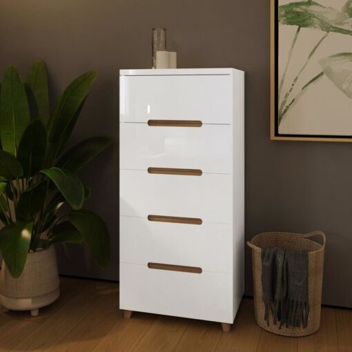 Veloce 5 Drawer Tallboy Chest of Drawers High White Gloss No-Tools Click-Together - White Gloss - Fwstyle