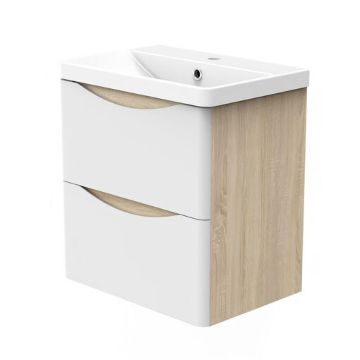 Wall Hung Bathroom Vanity Basin Unit 2 Soft Close Drawers Bathroom Furniture Set Flat Pack - 500mm Matt White+Oak Body