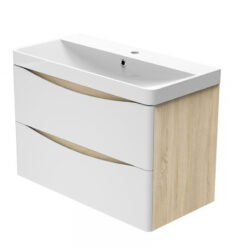 Wall Hung Bathroom Vanity Basin Unit 2 Soft Close Drawers Bathroom Furniture Set Flat Pack - 800mm Matt White+Oak Body