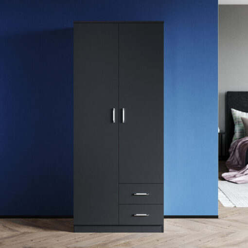 Wardrobe Double 2 Doors Wardrobe with Drawers Modern Bedroom Large Storage Wardrobe Black - Elegant