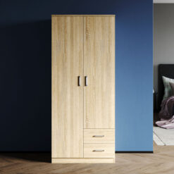 Wardrobe Double 2 Doors Wardrobe with Drawers Modern Bedroom Large Storage Wardrobe Oak - Elegant