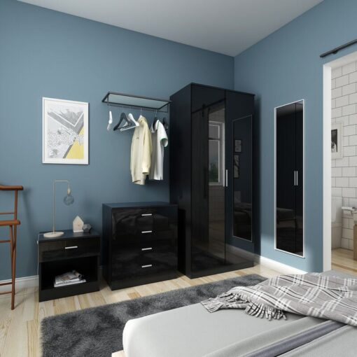 Wardrobe Set High Gloss 3 Piece Bedroom Storage Furniture Include 2 Soft Close Doors Wardrobe and 4 Drawer Chest and Bedside Cabinet, Black - Elegant