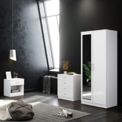 Wardrobe Set High Gloss 3 Piece Bedroom Storage Furniture Include 2 Soft Close Doors Wardrobe and 4 Drawer Chest and Bedside Cabinet White with