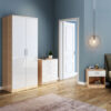 Wardrobe Set High Gloss 3 Piece Bedroom Storage Furniture Include 2 Soft Close Doors Wardrobe and 4 Drawer Chest and Bedside Cabinet, White/Oak