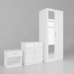 Wardrobe White Storage Furniture High Gloss 2 Doors Wardrobe with 4 Drawer Chest and Bedside Cabinet - Elegant