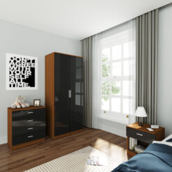 Wardrobe and Cabinet Furniture Set Bedroom 2 Doors Wardrobe and 4 Drawer Chest and Bedside Cabinet High Gloss , Black/Walnut - Elegant