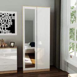 Wardrobe and Cabinet Furniture Set Bedroom 2 Doors Wardrobe with Mirror and 4 Drawer Chest and Bedside Cabinet High Gloss, White/Oak - Elegant