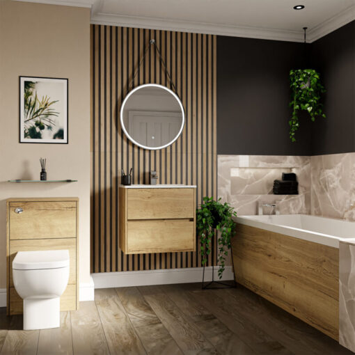 Wholesale Domestic - Dean 1700mm x 750mm Straight Single Ended Bathroom Suite including Autumn Oak Furniture Set with Minimalist Basin