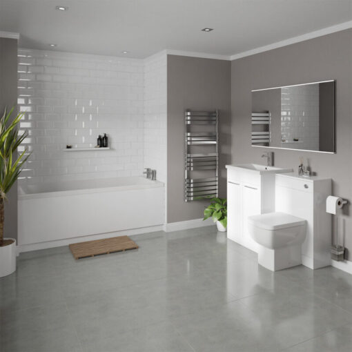 Wholesale Domestic - Denton 1700mm Slim Edge Straight Single Ended Bathroom Suite including Gloss White Furniture Set with Polished Chrome Handles