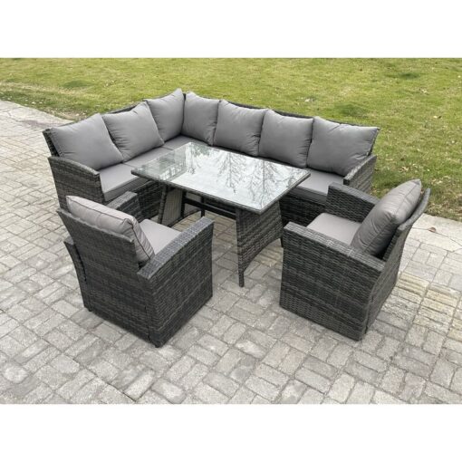 Wicker Rattan Garden Furniture Corner Sofa Set with Oblong Dining Table 2 Armchairs 8 Seater Outdoor Rattan Set Dark Grey Mixed - Fimous