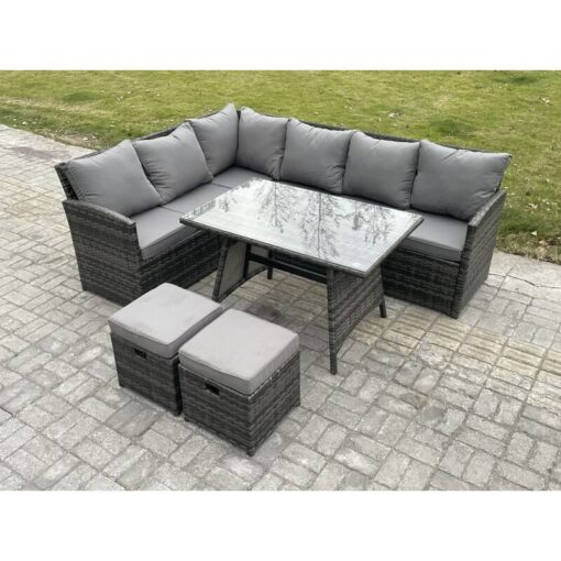 Wicker Rattan Garden Furniture Corner Sofa Set with Oblong Dining Table 2 Small Footstools 8 Seater Outdoor Rattan Set Dark Grey Mixed - Fimous