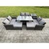 Wicker pe Rattan Garden Furniture Set Height Adjustable Rising Lifting Table Sofa Dining Set with Double Seat Sofa 2 Big Footstool Side Table Dark