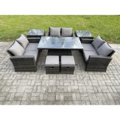 Wicker pe Rattan Garden Furniture Set Height Adjustable Rising Lifting Table Sofa Dining Set with Double Seat Sofa 2 Small Footstools 2 Side Tables