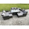 Wicker pe Rattan Garden Furniture Set Height Adjustable Rising Lifting Table Sofa Dining Set with Double Seat Sofa 3 Footstools Side Table Dark Grey