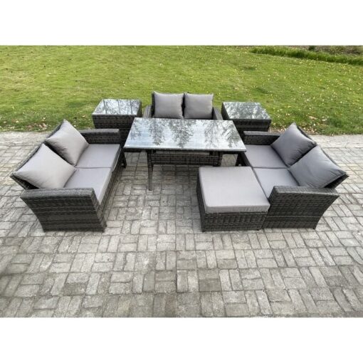 Wicker pe Rattan Garden Furniture Sets Outdoor Lounge Sofa Set with Oblong Dining Table Double Seat Sofa 2 Side Tables Big Footstool Dark Grey Mixed