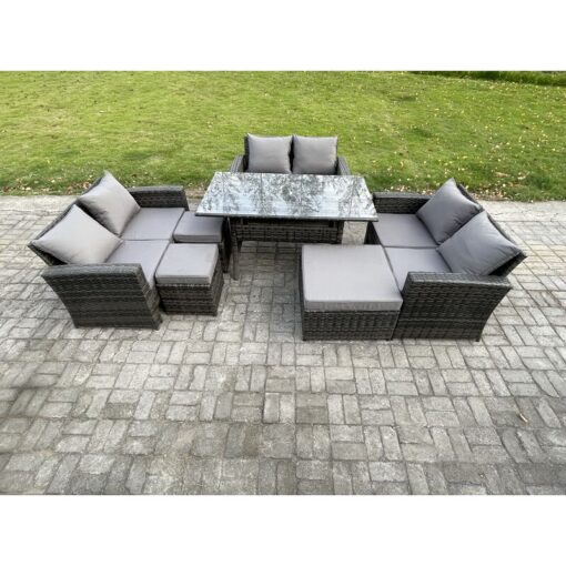 Wicker pe Rattan Garden Furniture Sets Outdoor Lounge Sofa Set with Oblong Dining Table Double Seat Sofa 3 Footstools Dark Grey Mixed - Fimous