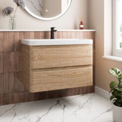 Wood Effect Bathroom Furniture Vanity Unit with Basin Sink Cabinet Storage 800mm Wall Hung