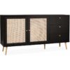 Wood and cane rattan detail sideboard, 2 doors & 3 drawers, Black , L150xW39xH79cm - Black