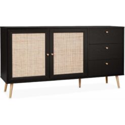 Wood and cane rattan detail sideboard, 2 doors & 3 drawers, Black , L150xW39xH79cm - Black