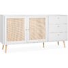 Wood and cane rattan detail sideboard, 2 doors & 3 drawers, White , L150xW39xH79cm - White