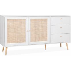 Wood and cane rattan detail sideboard, 2 doors & 3 drawers, White , L150xW39xH79cm - White